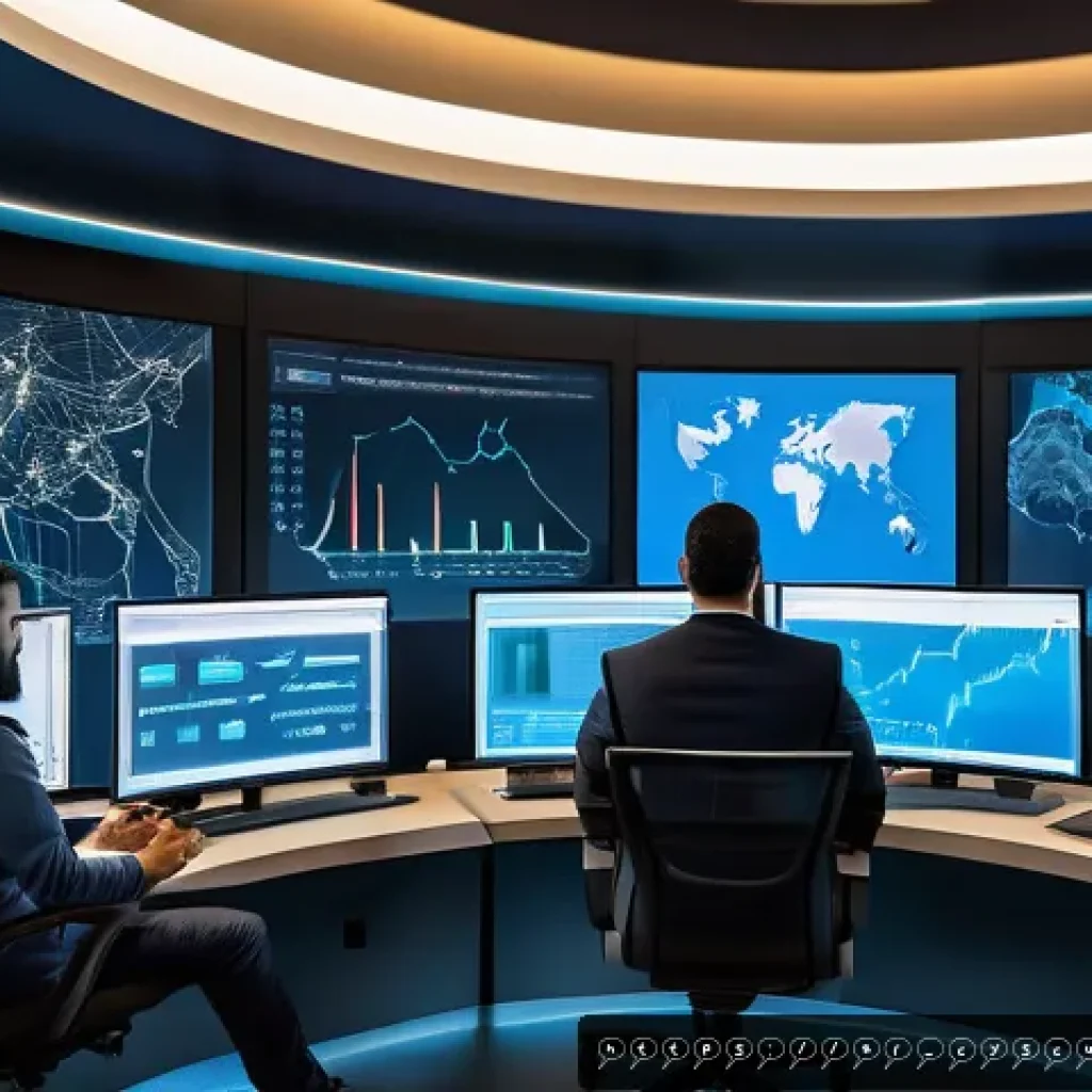 AI와 머신러닝이 보안에 미치는 영향 - A high-tech cybersecurity control room with diverse Arab professionals analyzing digital behavioral ...