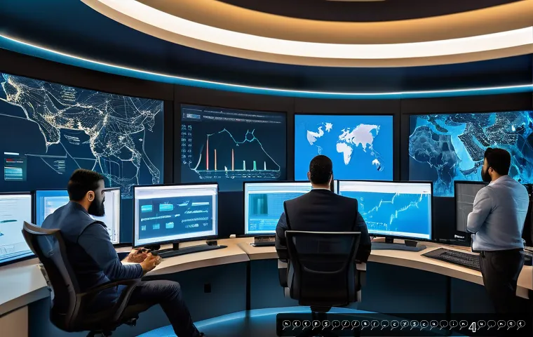 AI와 머신러닝이 보안에 미치는 영향 - A high-tech cybersecurity control room with diverse Arab professionals analyzing digital behavioral ...