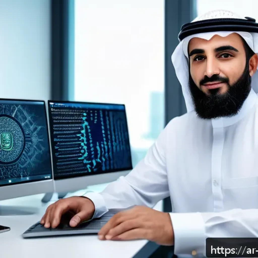 사이버보안 전문가의 이직 성공 스토리 - A professional Middle Eastern cybersecurity expert, wearing modest business attire with a laptop and...