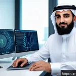 사이버보안 전문가의 이직 성공 스토리 - A professional Middle Eastern cybersecurity expert, wearing modest business attire with a laptop and...