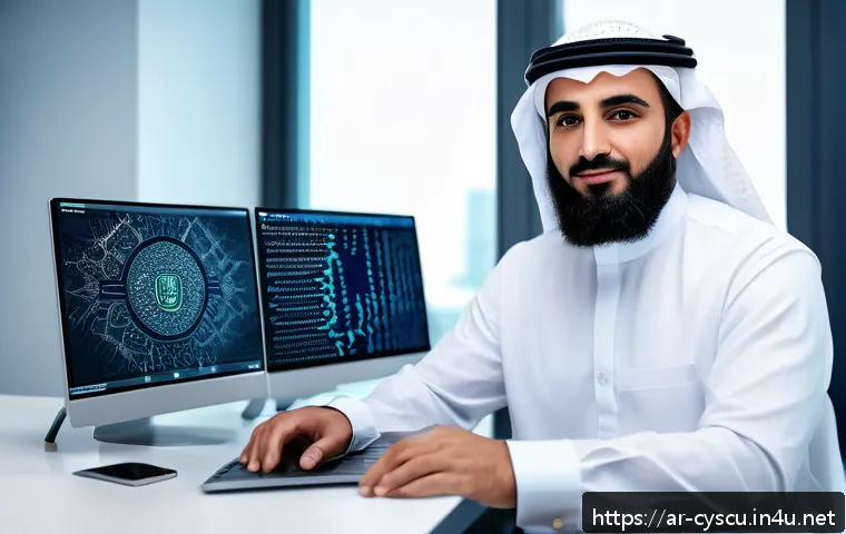 사이버보안 전문가의 이직 성공 스토리 - A professional Middle Eastern cybersecurity expert, wearing modest business attire with a laptop and...