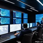 보안 관련 업계 뉴스 분석 및 트렌드 - A modern Middle Eastern cybersecurity operations center with diverse Arab professionals working inte...