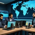 모의 해킹과 실제 해킹의 차이점 - A modern Middle Eastern cybersecurity office setting, featuring a diverse team of professionals wear...