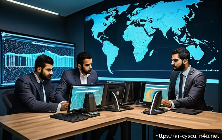 모의 해킹과 실제 해킹의 차이점 - A modern Middle Eastern cybersecurity office setting, featuring a diverse team of professionals wear...