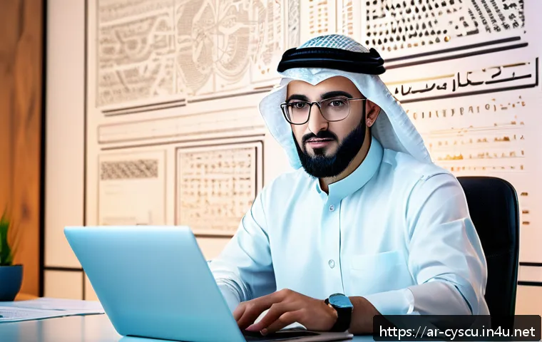 사이버보안 컨설팅 업무 시작하기 - A professional Middle Eastern cybersecurity consultant in a modern office setting, wearing business ...