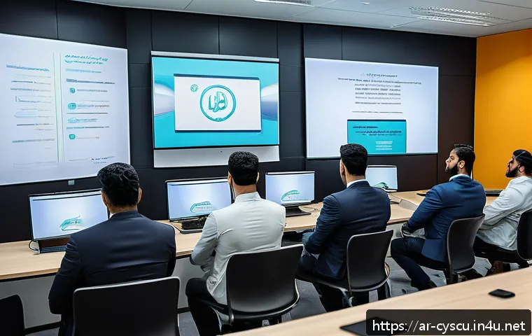 APT Advanced Persistent Threat  공격 사례와 방어법 - A modern corporate training room in a Middle Eastern office setting, with diverse Arabic-speaking em...