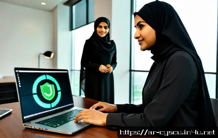 침투 테스트 Penetration Testing  성공 사례 - Photorealistic cybersecurity success scene in a modern Gulf-region office, Arab female penetration t...