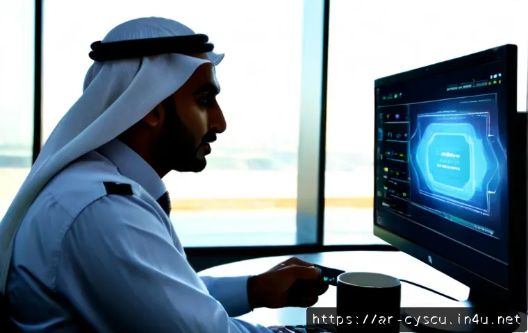 정보보호 컨설턴트의 하루 - Photorealistic morning scene of an Arab information security consultant in modest professional attir...