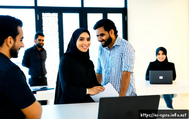 사이버보안 업계에서의 커뮤니티 활동 중요성 - Photorealistic cybersecurity community meetup in a modern Gulf Arab coworking space, diverse Arab me...